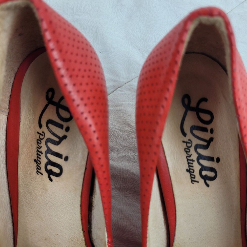 Lirio Portugal Perforated Leather Almond Toe Cone Heels Coral Orange Pinup 8 - Picture 12 of 13
